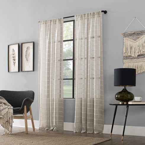 Clean Window Twill Stripe Anti-Dust Allergy/Pet Friendly Anti-Dust Sheer Curtain Panel, 52" x 63, White/Linen...