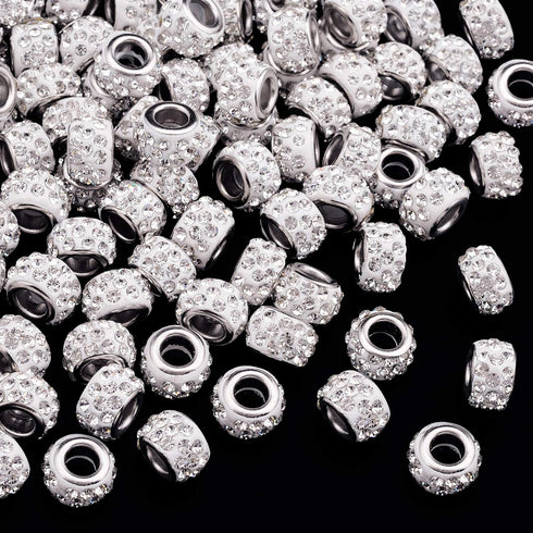 ANCIRS 100pcs 12mm Large Hole Rhinestone European Beads, Rondelle Spacer, Diamond Hair Beads for Bracelet Snake Chain Charm (White)...
