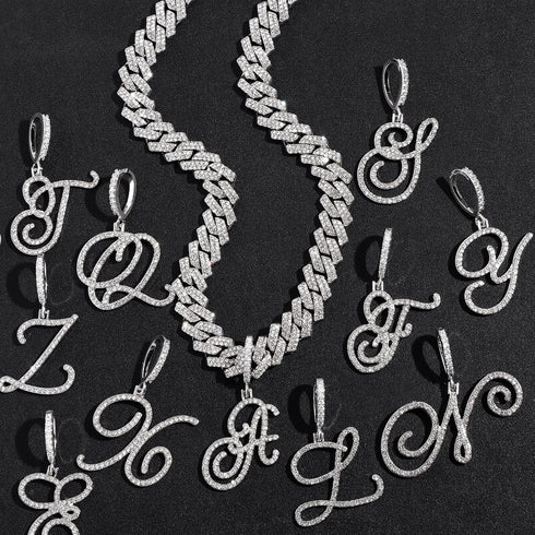Gold Silver Plated Initial Cuban Link Chain Necklace for Women Cursive Letter Gold Miami cuban link chain Iced out chain with pendant for women (S...