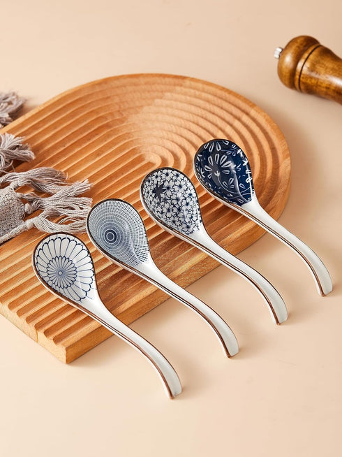 Ceramic Ramen Spoons, Asian Soup Spoon, Japanese Spoons for Kitchen, Pho, Dumpling, Noodles, Wantan, Miso, No slip into soup - 6.5 Inch, Blue, Set...