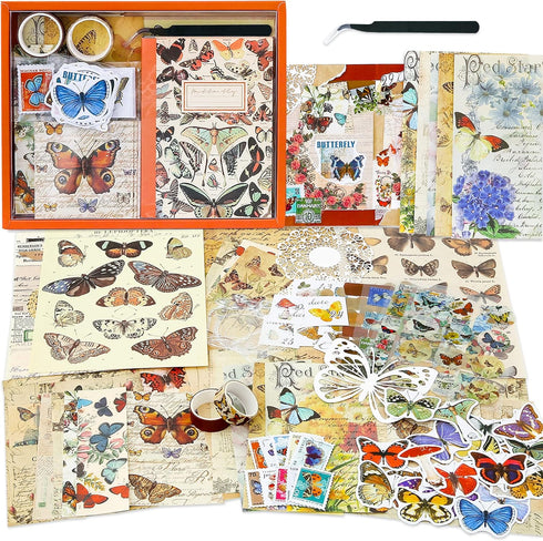 emmoolife Vintage Aesthetic Scrapbooking Supplies Kit, Butterfly Junk Journal Scrapbook Kit with Journaling Supplies, A6 Grid Notebook, Stationery...