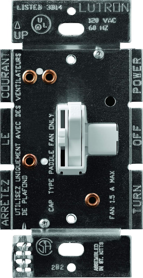 Lutron Toggler 3 Speed Fan Control, 1.5-A Single Pole/3-Way TGFSQ-FH-WH, White...