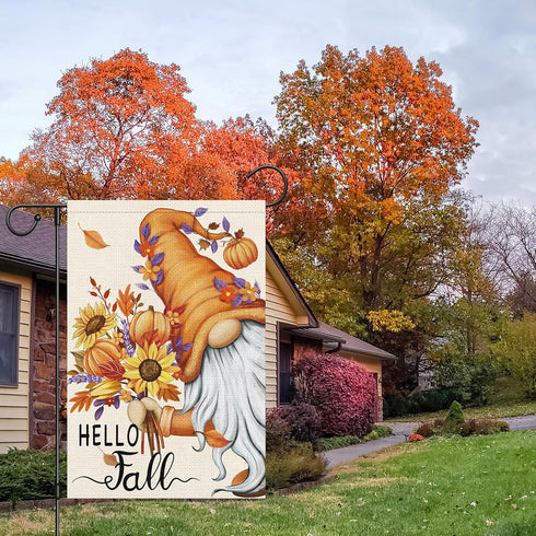 Hello Fall Gnome Garden Flag 12x18 Double Sided Burlap, Pumpkin Sunflower Garden Yard Flags for Thanksgiving Rustic Seasonal Outside Outdoor House...
