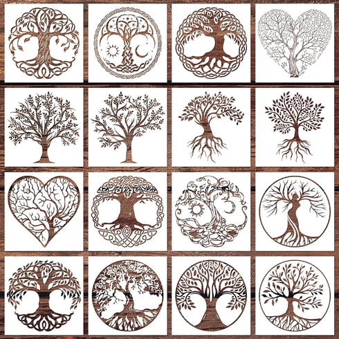 16Pcs 6 x 6 Inch Tree of Life Stencil, Reusable Stencils for Painting on Wood Decoration Painting Templates for Wall Floor DIY Decorations Christm...