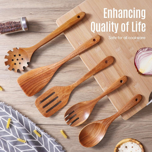 5 PCS Wooden Spoons for Cooking Natural Teak Kitchen Utensils Smooth Non-Stick Surface Cooking Utensils Set Soft Comfort-Grip Wooden Utensils for ...