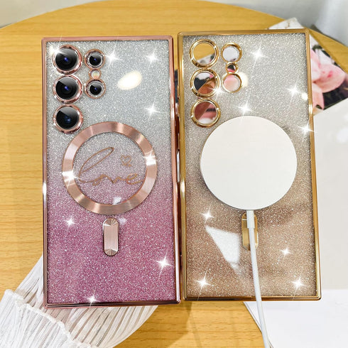 Fiyart Designed for Samsung Galaxy S24 Ultra Case,Compatible with MagSafe Love Heart Plating Camera Protection Clear Phone Case, Magnetic Glitter ...