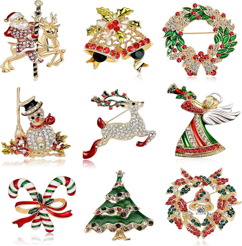 9 Piece Christmas Brooch Set with Rhinestone Crystal Christmas Ornament...