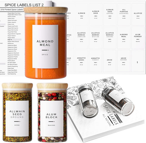 400 Minimalist Spice Labels, Preprinted Stickers Booklet, Black Text on White Waterproof Matte Backing, Herb Seasoning Spice Jars Rack Organizatio...
