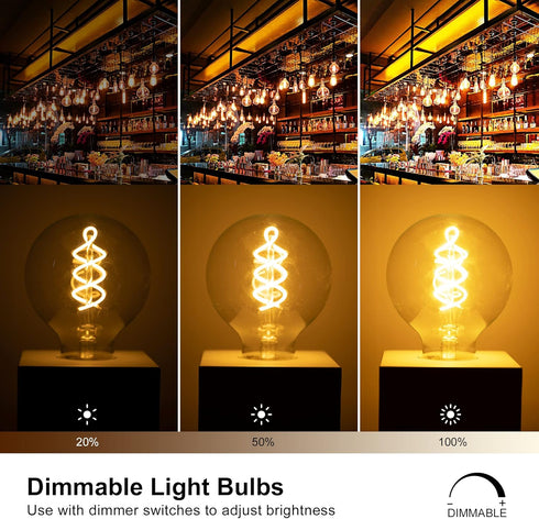 6 Pack LED Edison Bulbs, Dimmable G25 LED Bulb, 2200K Warm White, E26 Base, 4W(40W Equivalent), 320LM, Amber Glass, Patented Flexible LED Spiral F...
