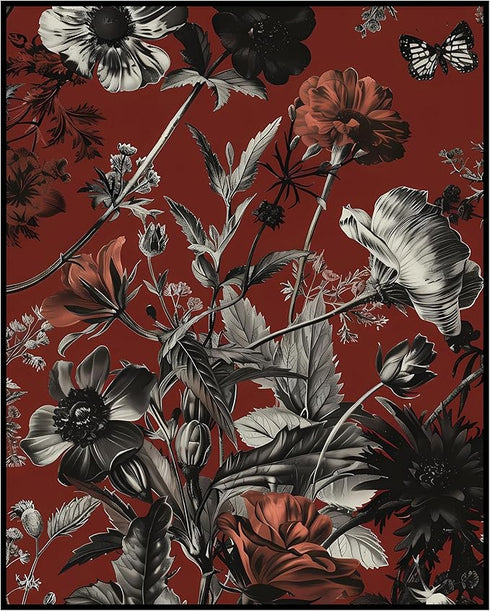 Posterizer 1 pcs-gothic art with black flowers and red background-Floral & Botanical Art-Abstract & Modern Art-Decor for Home & Office- UNFRAMED W...