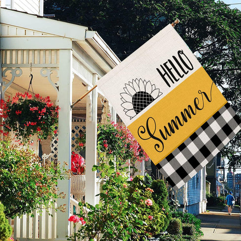 Hello Summer Sunflower House Flag 28x40 Inch Double Sided Black and White Buffalo Check Plaid Outdoor Flags Yellow Floral Farmhouse Decorations Ho...