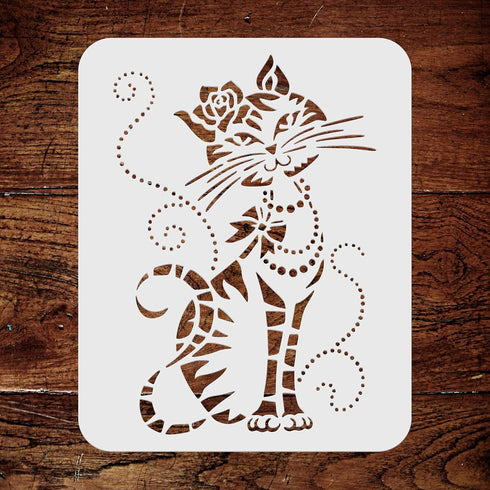 Stencils for Walls: Cute Cat Stencil, 6 x 8.5 inch (L) - Cool Cartoon Cat Bow Flower Beads Stencils for Painting Template...
