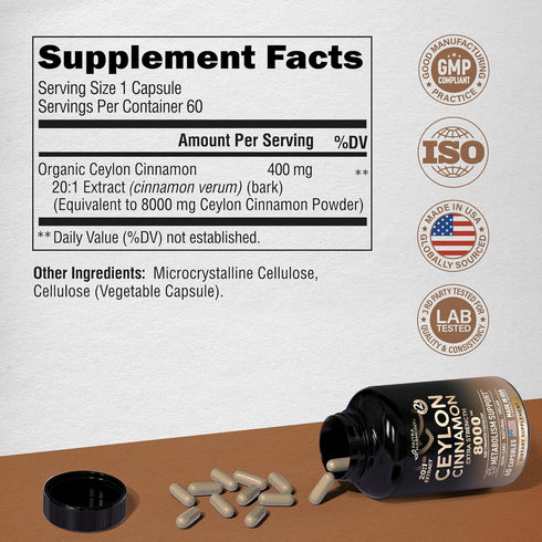 Ceylon Cinnamon Capsules - 8000 mg, Extra Strength - Made in USA - Energy, Heart & Metabolism Support - for Men & Women - Pure Natural Extract 20:...