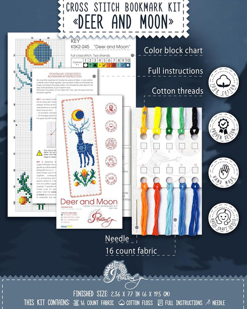 Povitrulya Stag and Moon - Counted Cross Stitch Bookmark Kit - DIY Embroidery set - Hand Made Christmas Gift for Adults and Kids...