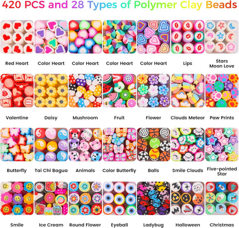 Pizooro 420PCS Polymer Clay Beads Bracelet Making Kit,28 Styles Cute Heart Fruit Mushrom Clay Beads Charms for Jewelry Necklace Earring Making,DIY...