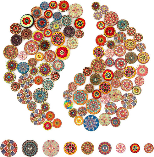 AIEX 100pcs Mixed Random Flower Painting Buttons Round Shapes Retro Wooden Buttons Assorted Colours for DIY Making 15 mm, 20 mm, 25 mm...