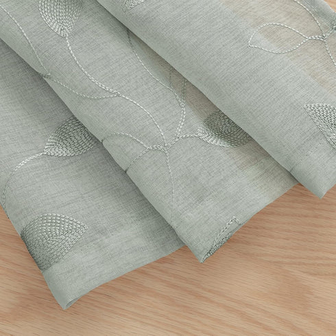 HOMEIDEAS Sage Green Sheer Curtains 52 x 54 Inch Length 2 Panels Embroidered Leaf Pattern Short Curtains for Bedroom Half/Small Window Rod Pocket ...
