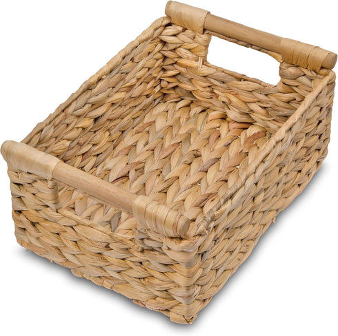 VATIMA Hyacinth Small Wicker Basket 11.6x8.1x4.9" - Bathroom Organizer, Wooden Handle, Decorative Storage...