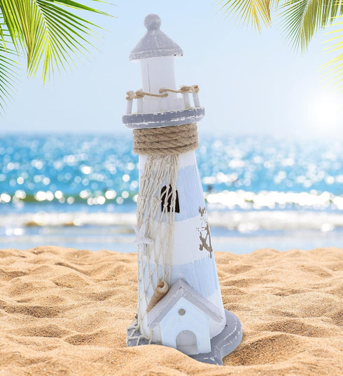 CoTa Global Moonlight Wooden Lighthouse Decor - Handcrafted Nautical Decor Light House with Fish Net Decoration and Cool Ocean Ornament Shells, Wo...