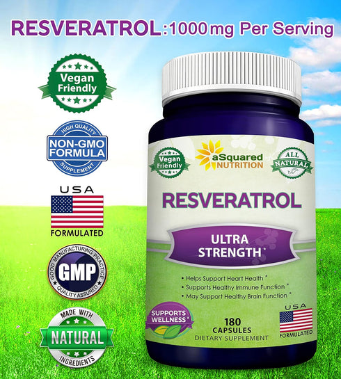 100% Natural Resveratrol - 1000mg Per Serving Max Strength (180 Capsules) Antioxidant Supplement, Trans-Resveratrol Pills for Heart Health & Pure,...