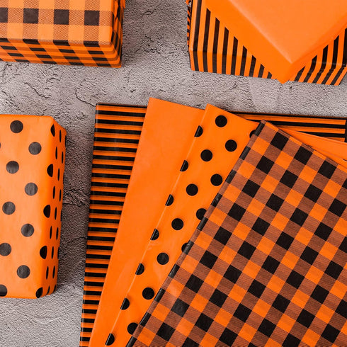 Whaline 100 Sheet Fall Tissue Paper 4 Design Orange Black Plaid Stripe Polka Dots Wrap Tissue Paper Autumn Gift Wrapping Accessory for Fall Celebr...