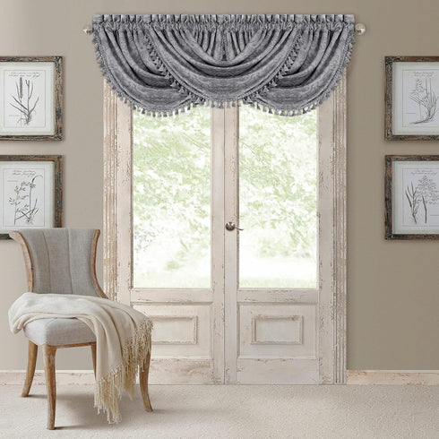 Elrene Home Fashions Antonia Floral Damask Waterfall Window Valance with Tassels, 52"x36", Silver...