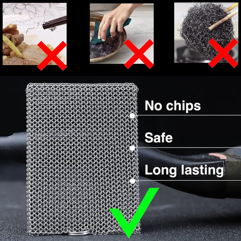Cast Iron Cleaner Chainmail Scrubber -Fine Ring- 316 Stainless Steel Scrubbing Sponge Skillet – Dish Scrubber - Built-in Silicone with Welded Ring...