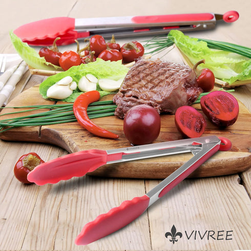 MEKBOK Kitchen Tongs Set - Salad & Grill Stainless Steel Serving Tongs with Silicone Tips - 9"&12" (Red)...