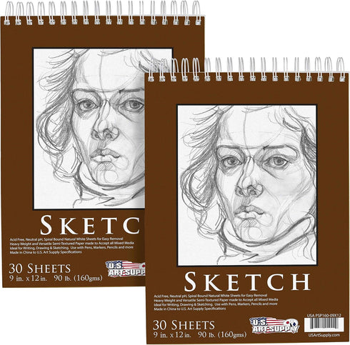 U.S. Art Supply 9" x 12" Premium Heavy-Weight Paper Spiral Bound Sketch Pad, 90 Pound (160gsm), Pad of 30-Sheets (Pack of 2 Pads)...