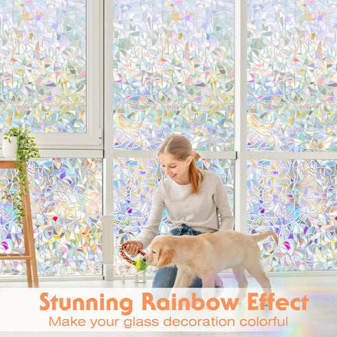 Window Privacy Film Rainbow Window Clings 3D Decorative Stained Glass Vinyl Anti UV Static Cling Film Non-Adhesive Window Covering Film (11.8'' x ...