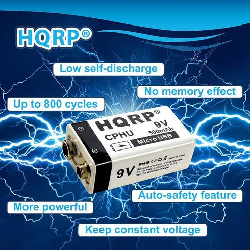 HQRP USB 9V Lithium-Ion Rechargeable Battery, High Capacity 500mAh 9-Volt, 1.5 H Fast Charge, 800 Cycle with Micro USB Cable, Radio Square 6LR61 7...