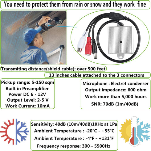 CCTV Microphone Audio Outdoor Security Gift RCA Tiny Surveillance Mic DVR High Sensitive Preamp Amplified Pickup Device External Camera Sound Wate...