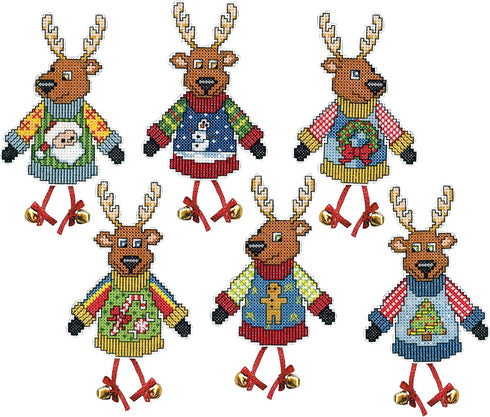 Design Works Crafts Ugly Sweater Reindeer Set/6 Counted Cross Stitch Ornament Kit...