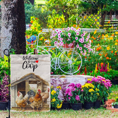 Rooster Garden Flag, Welcome to our Coop farmhouse Garden Flag 12x18 Inch Garden Flag - Perfect for Your Outdoor Hanging Decorations...