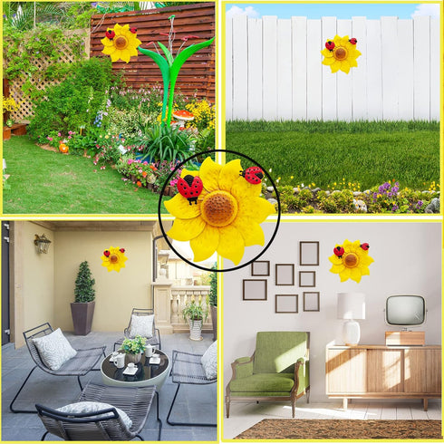12 Inches Metal Flower Wall Art Garden Decor Cute Ladybug Flowers Decorations Hanging for Outside Yard Porch Lawn (Yellow)...