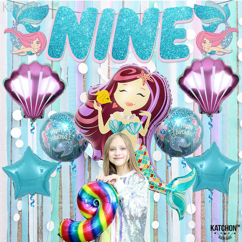 Giant Mermaid 9th Birthday Decorations for Girls - Pack of 8 | Mermaid Party Decorations with Balloons & Favors...