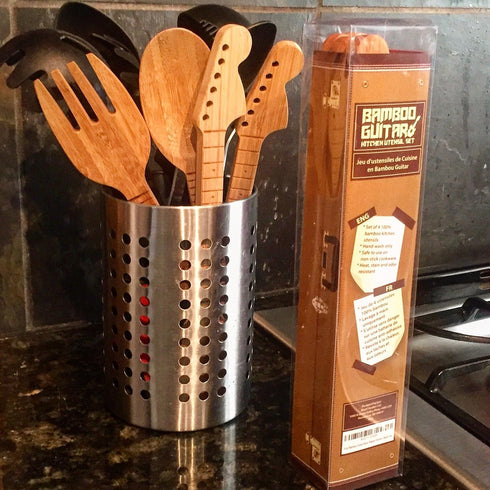 Bamboo Guitar Neck Shaped Kitchen Cooking Utensil Set - Guitar Shaped Musician Gifts - Set of 4: Spoon, Spatulas and Salad Fork...