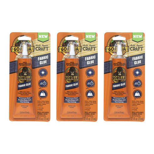 Gorilla Fabric Glue, 100% Waterproof, No Sew Solution, Washer/Dryer Safe, Permanent Bond, 2.5fl oz/73ml, Clear, (Pack of 3))...