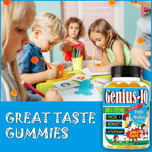 Genius IQ Kids Brain Supplements for Memory and Focus Omega 3-6-9, EPA DHA Gummy Vitamins, Brain Booster Calm Gummies,Supports Concentration, Clar...
