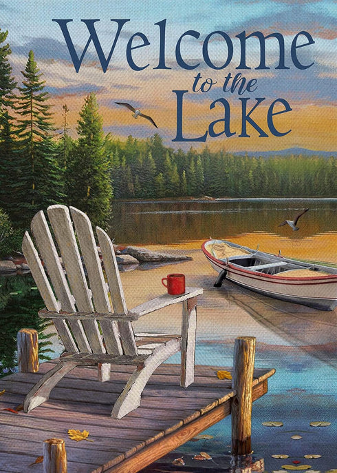 Summer Spring Welcome to the Lake Adirondack Chairs Small Decorative Garden Flag, Lakeside Boat Ocean Yard Outside Burlap Decoration Outdoor Decor...