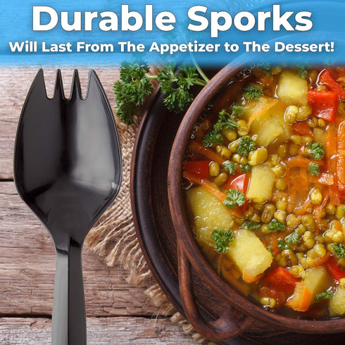 BPA-Free Black Disposable Sporks 100 Pk. Recyclable, Eco-Friendly and Kid-Safe 2-in-1 Utensils Built Strong to Last Large Meals. Great for School ...