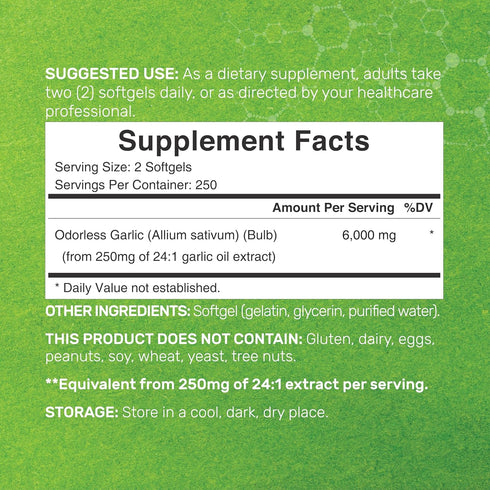 DEAL SUPPLEMENT Odorless Aged Garlic Pills, 6,000mg Per Serving, 500 Softgels – 24:1 Garlic Oil Extract – Fresh Allium Sativum Bulb Source – Heart...
