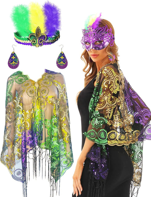 QLINLEAF Mardi Gras Shawl Scarf Sequin Mardi Gras Outfit for Women with Headband and Earrings Canival Party Favor...