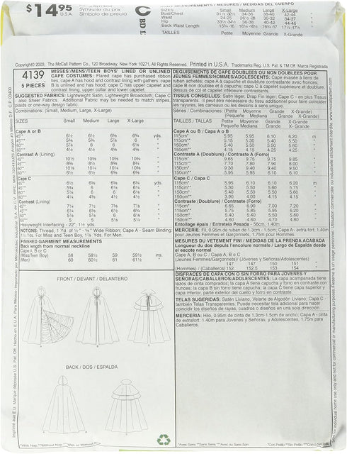 McCall's M4139 Misses'/Men's/Teen Boys' Lined & Unlined Cape Costumes Pattern OSZ (One Size)...