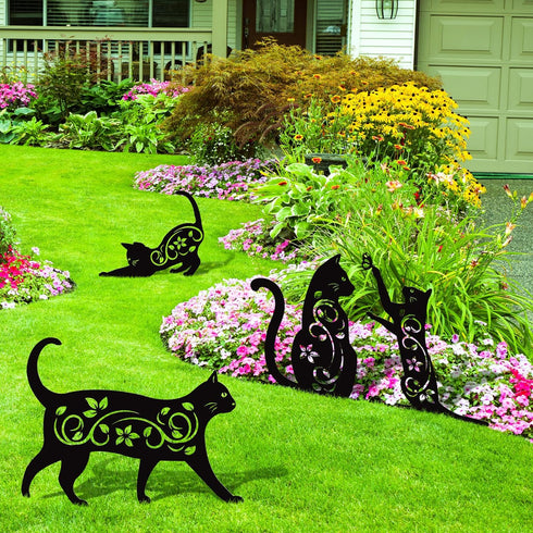 Elcoho 4 Pack Black Cat Silhouette Cute Metal Cat Garden Statues Bird Repellent Cat Decorative Garden Stakes for Yard, Garden, Lawn Outdoor Decora...