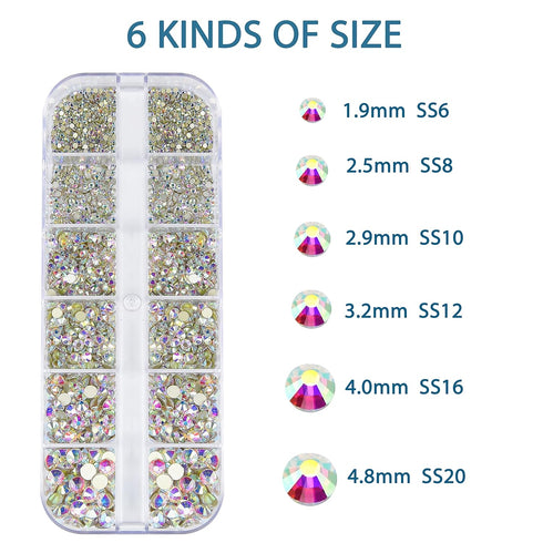 HUETFAT 2400 Pieces Flat Back Gems Round Crystal AB Rhinestones 6 Sizes (1.9-4.5 mm) with Storage Organizer Box Wax Pencil Tweezers for Nail Art C...