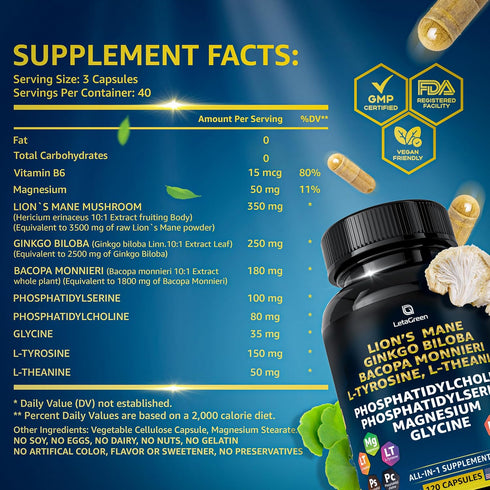 Organic Lions Mane Supplement Capsules - 120 Real Mushrooms Lion's Mane Capsules with Ginkgo Biloba Herb, Bacopa Monnieri - Nootropics Brain Suppo...