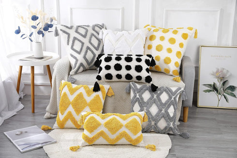 PANOD Super Soft Farmhouse Decorative Plush Throw Pillow Covers 12 x 20 Yellow,Solid Pom pom Tufted with Tassels Modern Accent Boho Lumbar Cushion...
