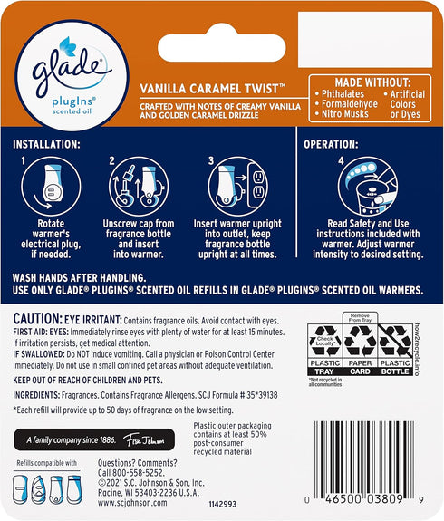 Glade PlugIns Refills Air Freshener, Scented and Essential Oils for Home and Bathroom, Vanilla Caramel Twist, 1.34 Fl Oz, 2 Count...