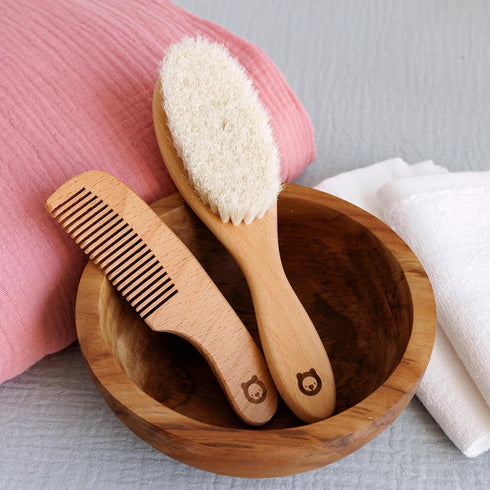 Wooden Baby Hair Brush and Comb Set for Newborns & Toddlers in Chic Gift Box - Ultra Soft Natural Goat Hair and Wood Baby Brush Set - Perfect Regi...